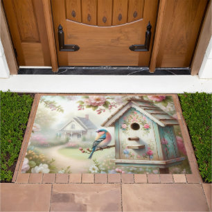 Spring Birdhouse With Pastel Flowers And Bird Doormat