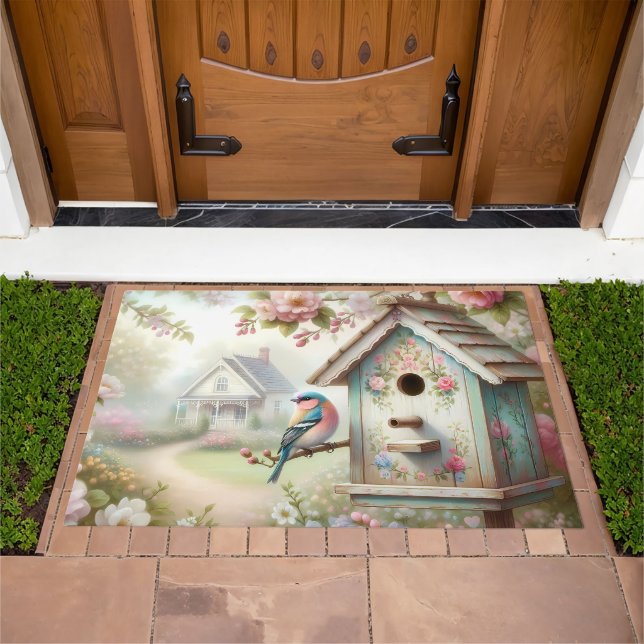 Spring Birdhouse With Pastel Flowers And Bird Doormat (Outdoor)