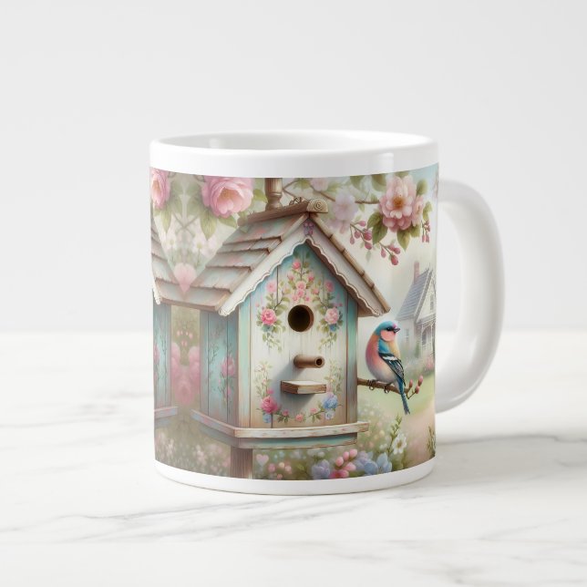 Spring Birdhouse With Pastel Flowers And Bird Giant Coffee Mug (Front Right)