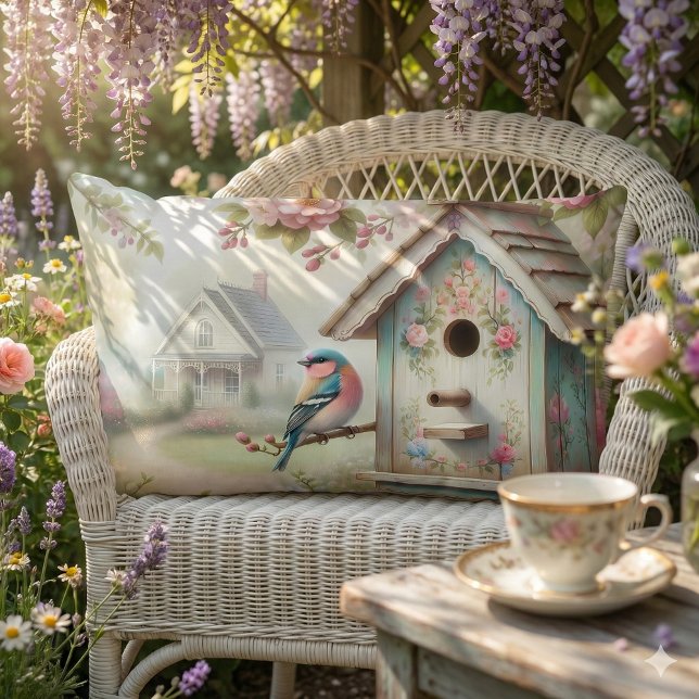 Spring Birdhouse With Pastel Flowers And Bird Lumbar Pillow (Spring Birdhouse With Pastel Flowers And Bird Lumbar Pillow Mockup 2)