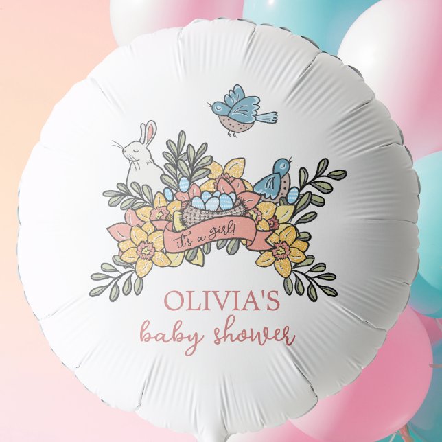 Spring Birds and Bunny It's a Girl Baby Shower Balloon (Creator Uploaded)