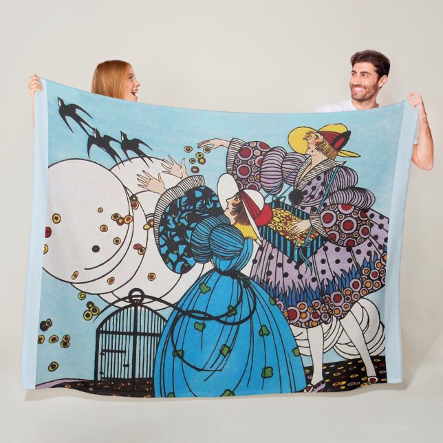 SPRING BIRDS AND LADIES ,ART DECO BEAUTY FASHION FLEECE BLANKET (In Situ)