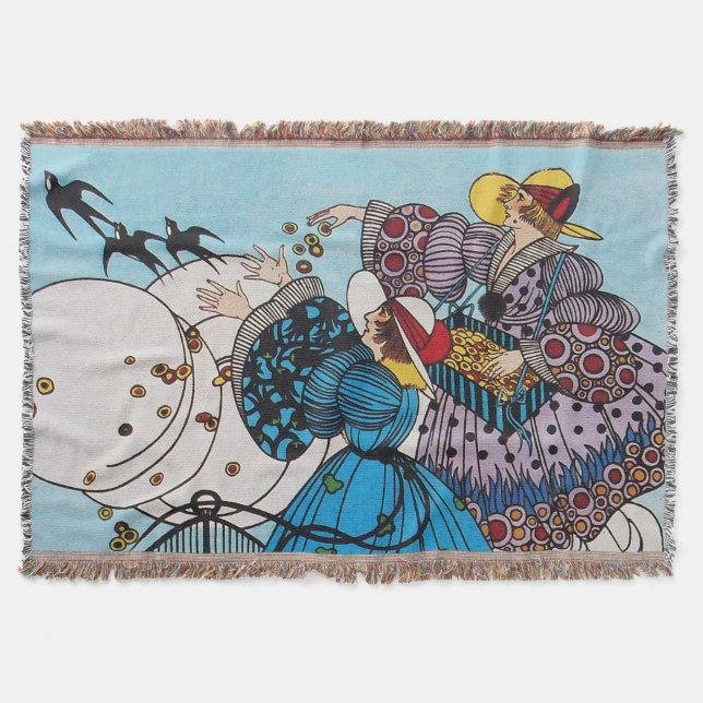 SPRING BIRDS AND LADIES ,ART DECO BEAUTY FASHION THROW BLANKET (Front)