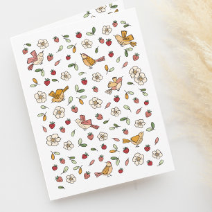 Spring Birds and Strawberries Floral Pattern Blank Letterpress Thank You Card