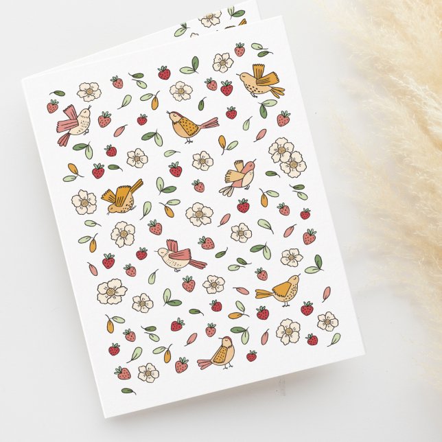 Spring Birds and Strawberries Floral Pattern Blank Letterpress Thank You Card (Creator Uploaded)