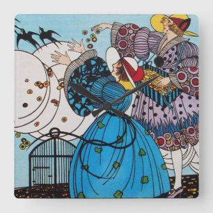 SPRING BIRDS / BEAUTY FASHION COSTUME DESIGNER SQUARE WALL CLOCK