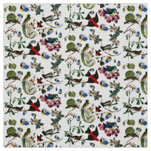 SPRING BIRDS,COLORFUL FEATHERS AND FRUITS Floral Fabric