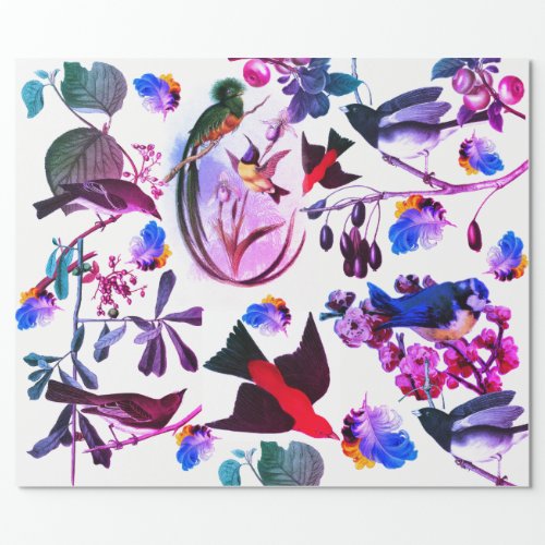 SPRING BIRDSFEATHERS AND FRUITS Pink Blue Floral Wrapping Paper