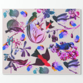 SPRING BIRDS,FEATHERS AND FRUITS Pink Blue Floral Wrapping Paper (Flat)
