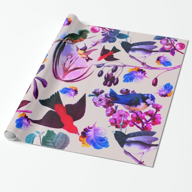 SPRING BIRDS,FEATHERS AND FRUITS Pink Blue Floral Wrapping Paper (Unrolled)