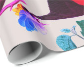SPRING BIRDS,FEATHERS AND FRUITS Pink Blue Floral Wrapping Paper (Roll Corner)