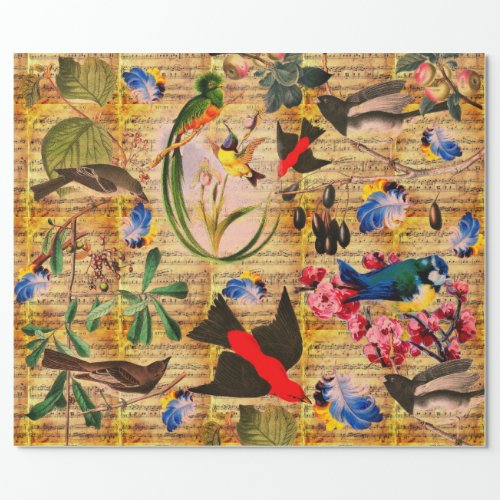 SPRING BIRDSFEATHERSFRUITS Music Notes Brown Wrapping Paper