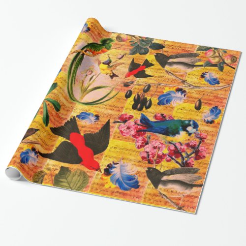 SPRING BIRDSFEATHERSFRUITS Music Notes Yellow Wrapping Paper