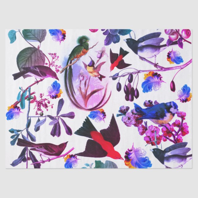 SPRING BIRDS,FEATHERS,FRUITS Pink Blue Floral Tissue Paper (Front)