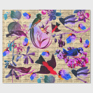 SPRING BIRDS,FEATHERS,FRUITS Pink Blue Music Notes Wrapping Paper