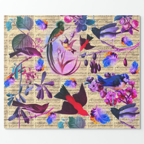 SPRING BIRDSFEATHERSFRUITS Pink Blue Music Notes Wrapping Paper