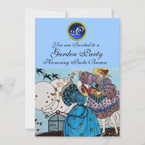 SPRING BIRDS GARDEN PARTY SAPPHIRE GEM MONOGRAM INVITATION