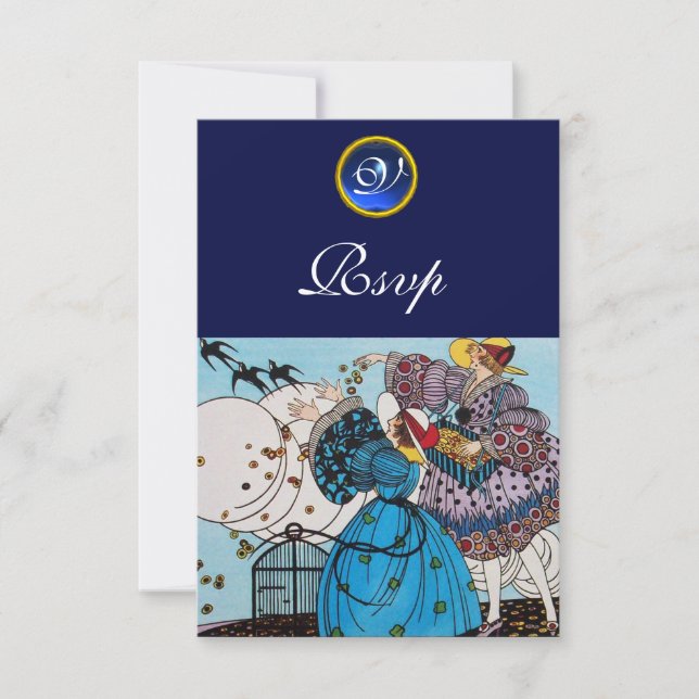 SPRING BIRDS GARDEN PARTY SAPPHIRE MONOGRAM RSVP CARD (Front)