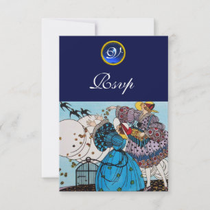 SPRING BIRDS GARDEN PARTY SAPPHIRE MONOGRAM RSVP CARD