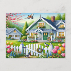 Spring  Birds Nature House Postcard Watercolor