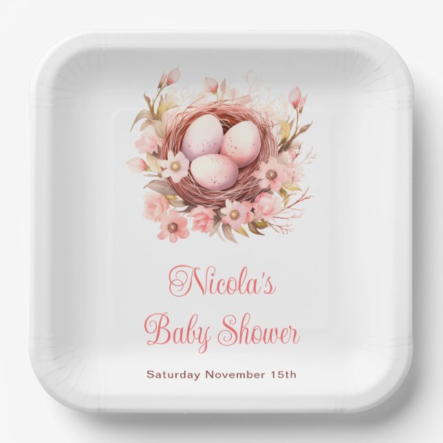 Spring Birds Nest Baby Shower Paper Plates (Front)