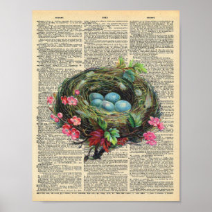 Spring Birds Nest on vintage dictionary page Poster