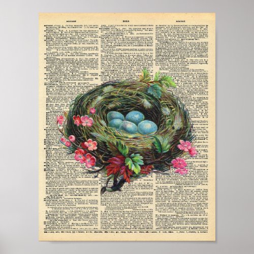 Spring Birds Nest on vintage dictionary page Poster