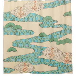 Spring Birds on Hexagon Mountains Vintage Japanese Shower Curtain