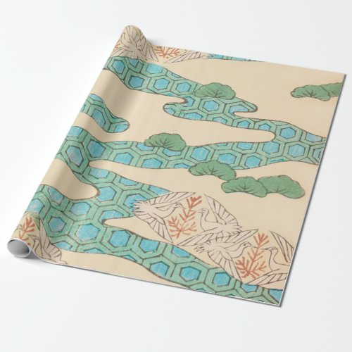 Spring Birds on Hexagon Mountains Vintage Japanese Wrapping Paper