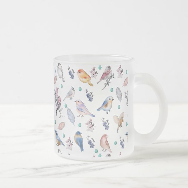 Spring Birds Pattern Frosted Glass Coffee Mug (Right)