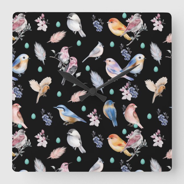 Spring Birds Pattern Square Wall Clock (Front)