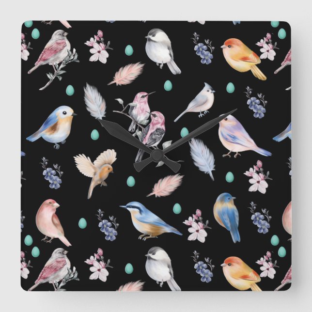 Spring Birds Pattern Square Wall Clock (Front)