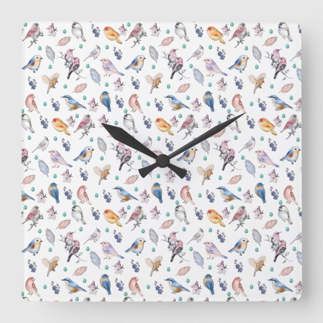 Spring Birds Pattern Square Wall Clock (Front)