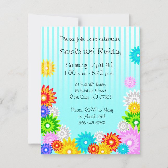 Spring Birthday Party Invitation Colorful Flowers (Front)