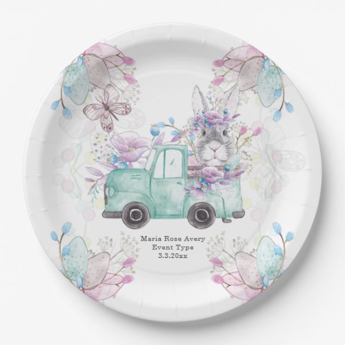 Spring Birthday Personalized Pattern Bunny Truck Paper Plates