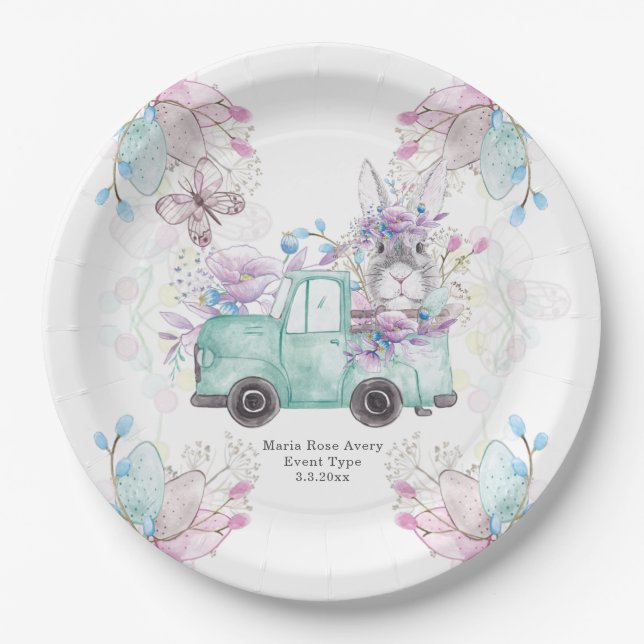 Spring Birthday Personalized Pattern Bunny Truck Paper Plates (Front)
