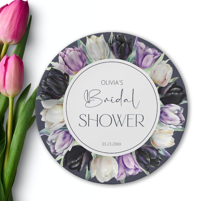 Spring black and white tulips Bridal shower Paper Plates (Creator Uploaded)