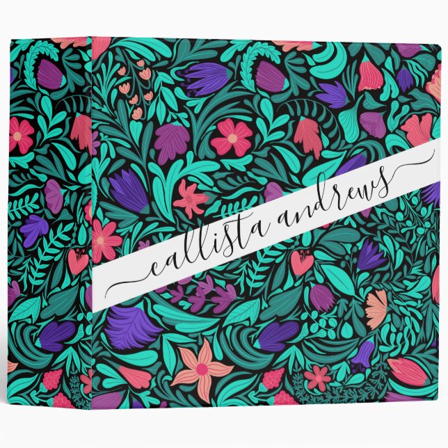 Spring Black Flowers Leaves Illustration Pattern 3 Ring Binder (Front/Spine)