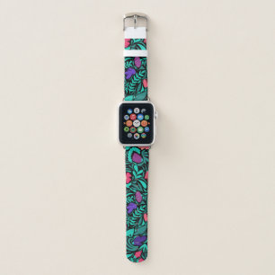 Spring Black Flowers Leaves Illustration Pattern Apple Watch Band