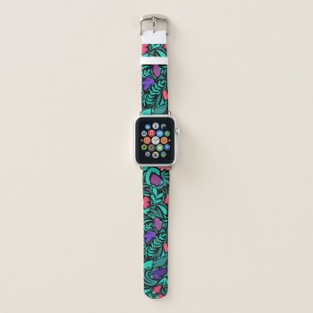 Spring Black Flowers Leaves Illustration Pattern Apple Watch Band by _LaFemme_ at Zazzle