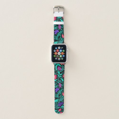 Spring Black Flowers Leaves Illustration Pattern Apple Watch Band