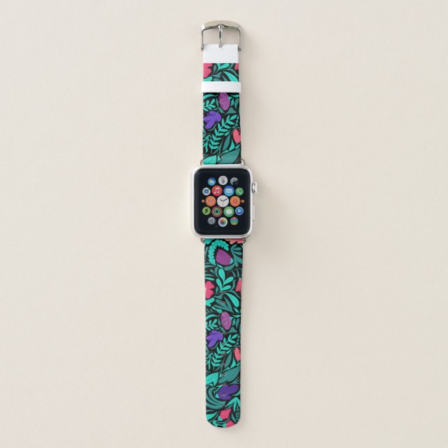 Spring Black Flowers Leaves Illustration Pattern Apple Watch Band (Front)