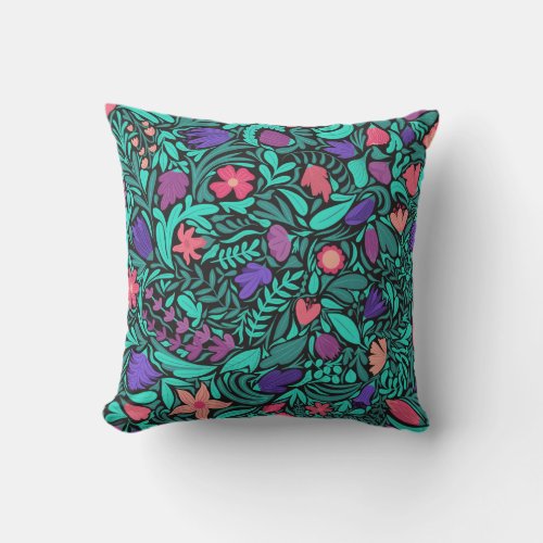 Spring Black Flowers Leaves Illustration Pattern Outdoor Pillow