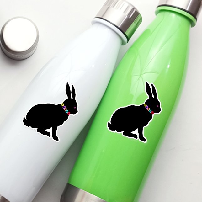 Spring Black Silhouette Rabbit Ring of Flowers Sticker (Sitting spring time or Easter black silhouette rabbit wearing colourful flowers on vinyl sticker.)
