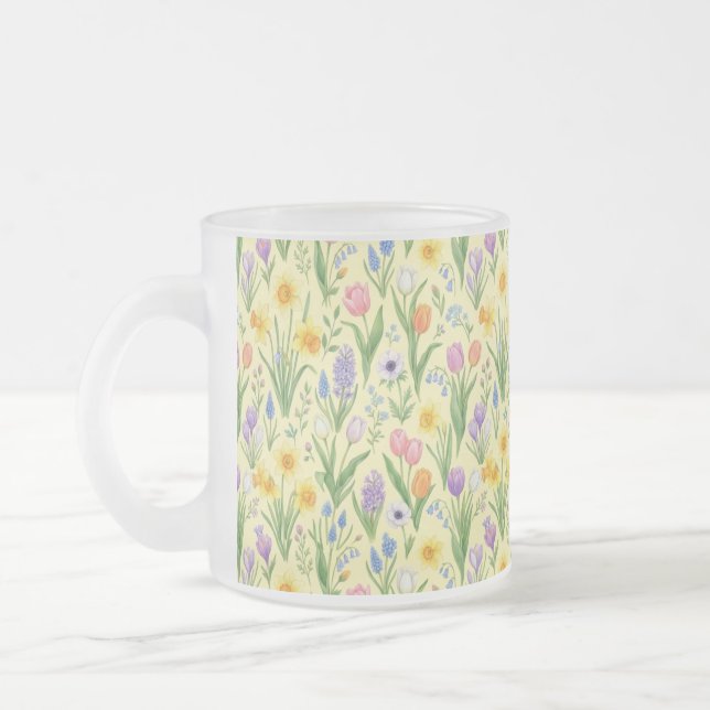 Spring Bloom Burst Pattern Frosted Glass Coffee Mug (Left)