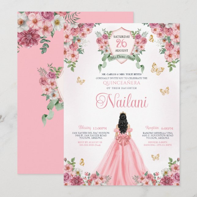 Spring Bloom Butterfly Pink Floral Quinceanera Invitation (Front/Back)