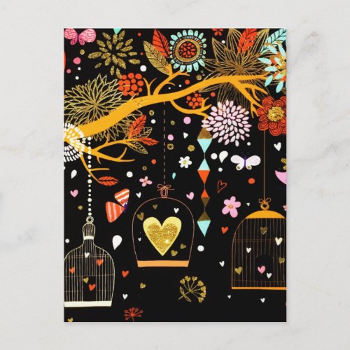 Spring Blooming Tree Gold Bird In Love Holiday Postcard
