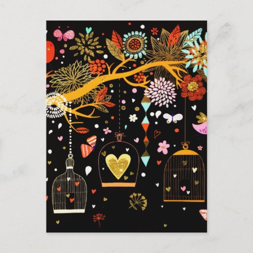 Spring Blooming Tree Gold Bird In Love Postcard
