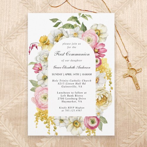 Spring Blooms Floral Arch First Communion Invitation