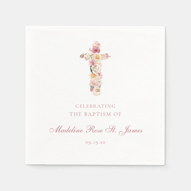 Spring Blooms | Floral Cross Baptism Christening Napkins (Front)